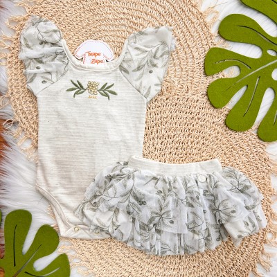 Conj. Body Bordado em Linho e Saia Plantinhas - Verde Conj. Body Bordado em Linho e Saia Plantinhas - Verde